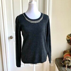 Cynthia Rowley Sweater Merino Wool Gray with Rhinestone Neckline (M)